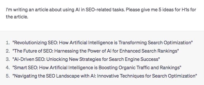 ChatGPT H1s for an article about AI and SEO